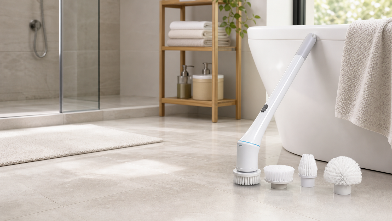 Cordless bathroom spin scrubber in a clean bathroom